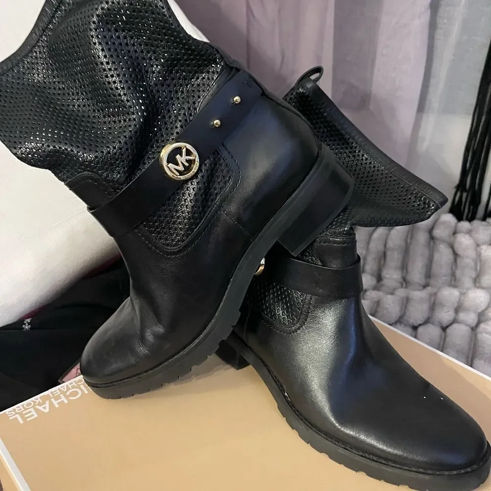 Womens MICHAEL Michael Kors Daria Flat Mid-Calf biker Boot black leather nib nwt